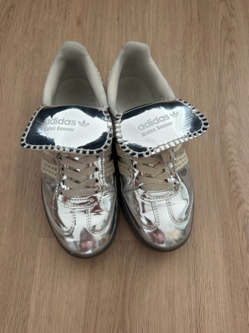 Wales Bonner Metallic Silver Women’s Sneakers with Beige Accents - Picture 2 of 5